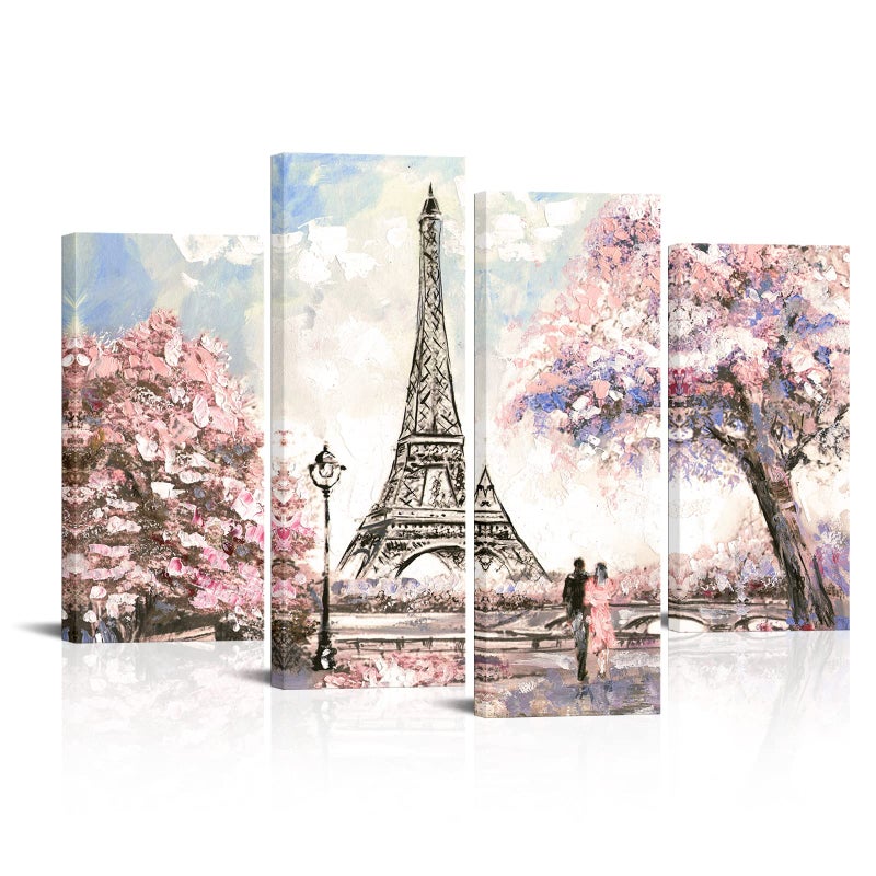 Visual Art Decor Pink Paris Pictures Wall Decor Eiffel Tower Pink Landscape Living Room Wall Decor Romantic Couple Bedroom Decor Framed 34inx48in - Image 1